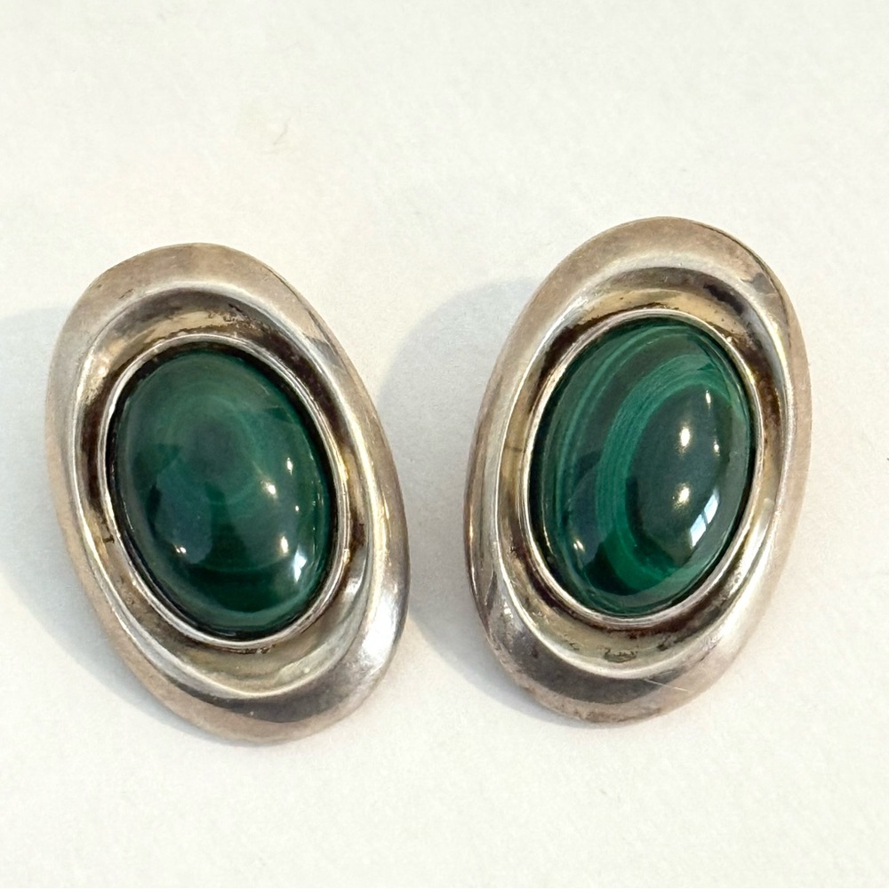 Vintage Sterling Silver 925 Large Oval Green Clip On Earrings Mod